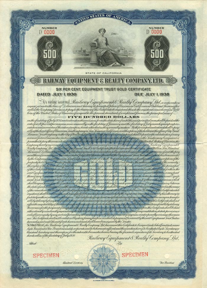 Railway Equipment and Realty Co., Ltd. - Specimen Bond